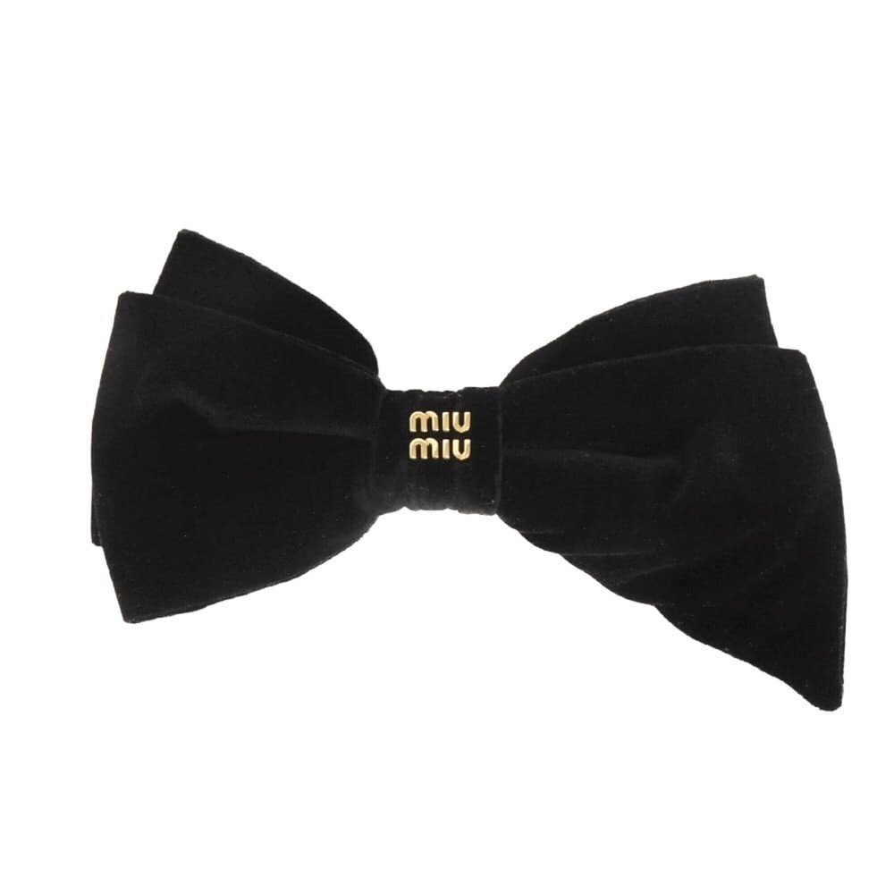 Miu Miu Miu Hair Clip Bow with Ribbon, Velvet, Black and Gold Logo, Cotton, N...